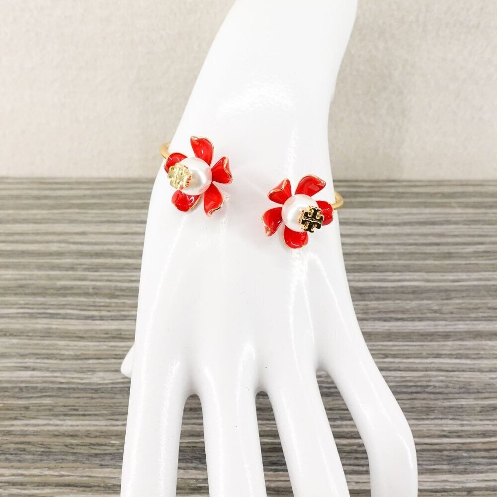 Tory Burch Golden and Red Flower Pearls Bracelet Red OS - Picture 6 of 12